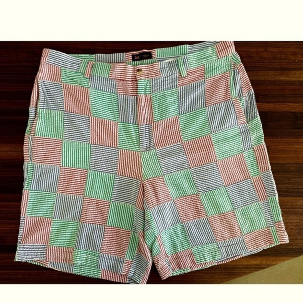J Harris Mens Patchwork Seersucker Shorts Multi Color Striped Preppy Plaid 38